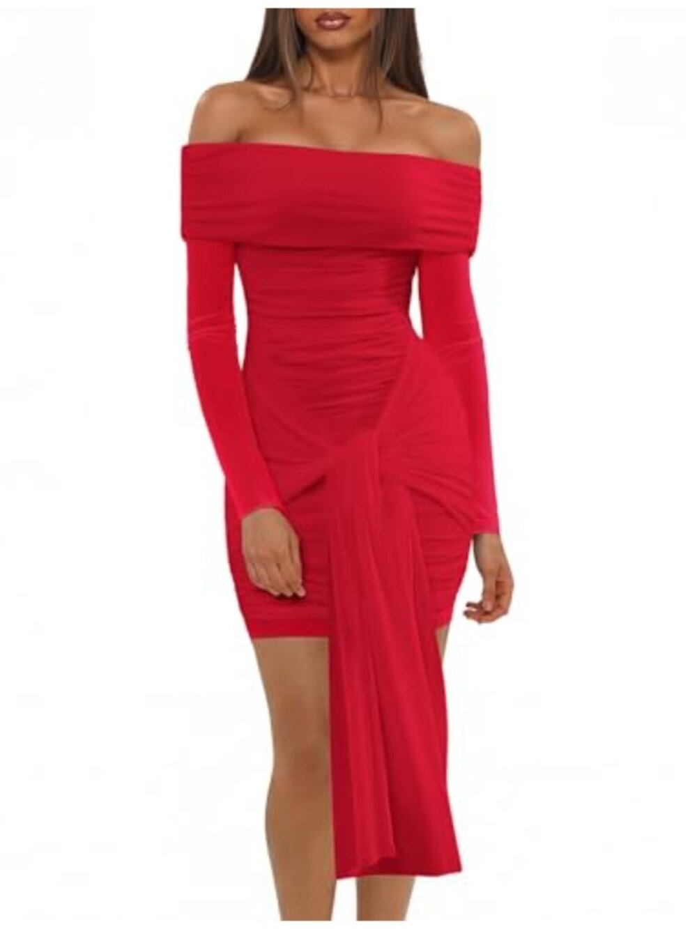 Off The Shoulder Mesh Ruched Bodycon Dress Long Sleeve Wrap Dress